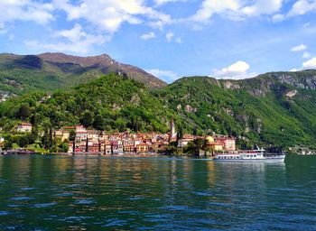 Scenic view of lake by buildings against sky