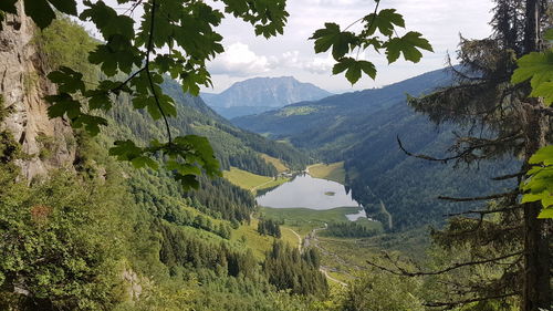 High angle view of lake and mountains