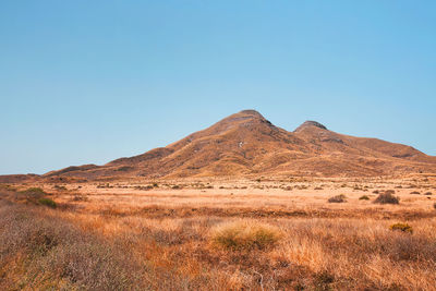 Scenic view of arid landscape against clear blue sky