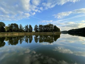 Reflection of trees in lake against sky