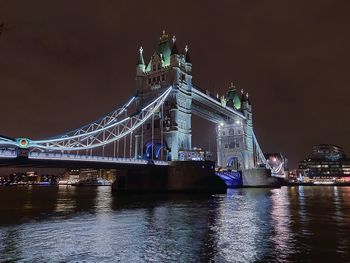 Illuminated bridge over river at night