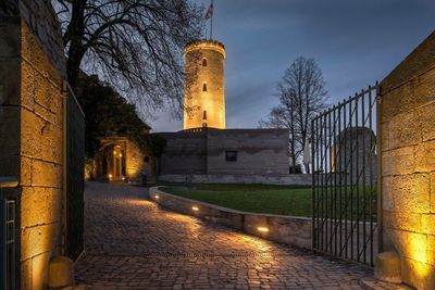 Illuminated historic building against sky at night