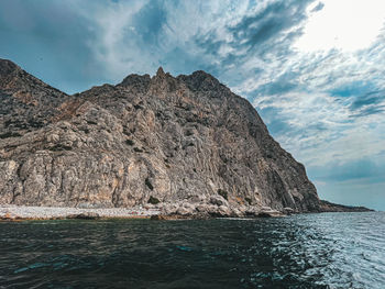 Rock formations by sea against sky