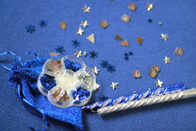 Close-up of candies against blue background