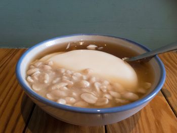 High angle view of soup in bowl on table