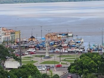 High angle view of buildings and street in city