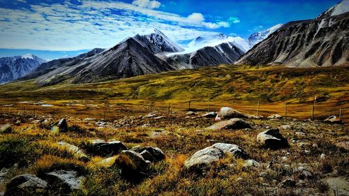 Scenic view of snowcapped mountains against sky