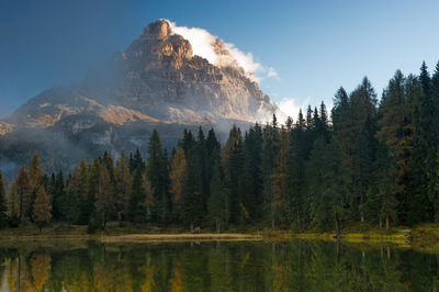 Scenic view of lake by trees against mountain