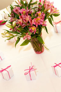 High angle view of flower bouquet on table