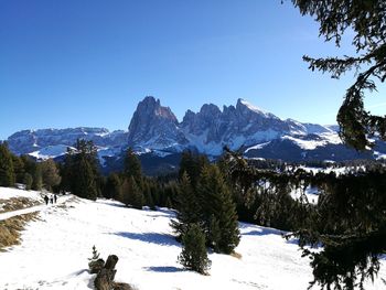 Scenic view of snowcapped mountains against clear blue sky