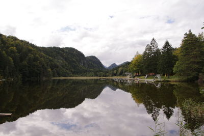 Scenic view of lake by trees against sky