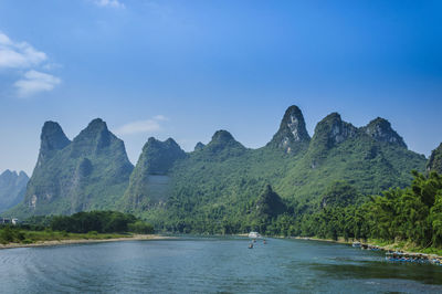 Scenic view of river by mountains against sky