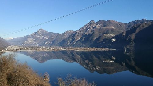 Scenic view of lake by mountains against sky