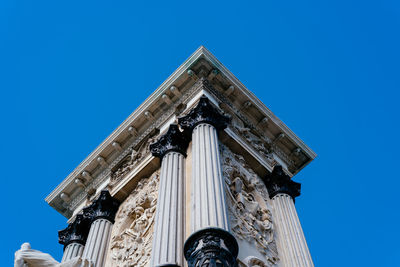 Low angle view of temple against clear blue sky