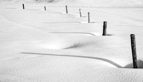 High angle view of snow covered field