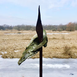 View over a winterly field with archaic  sculpture