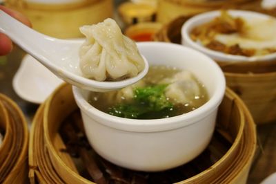 Close-up of noodles in bowl on table