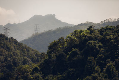 Scenic view of trees and mountains against sky