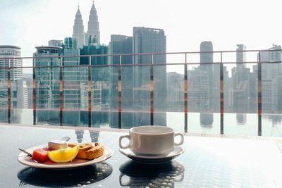 Breakfast served on table in city