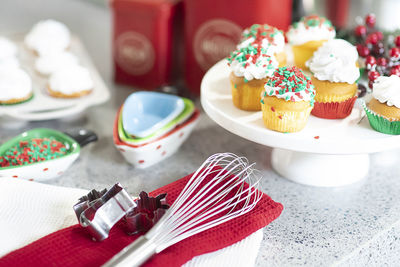 Close-up of cupcakes on table