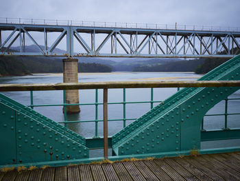 Close-up of bridge over river against sky