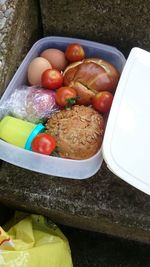 High angle view of eggs in container