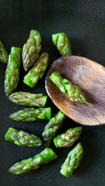 High angle view of vegetables in a frying pan