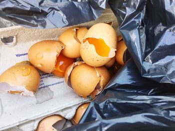 High angle view of brown eggshells and carton in black garbage bag