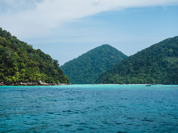 Scenic view of surin islands. peaceful bay with blue water against summer blue sky, thailand.