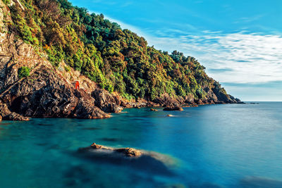 Panorama of levanto clear sea water and cliffs, cinque terre, liguria, italy