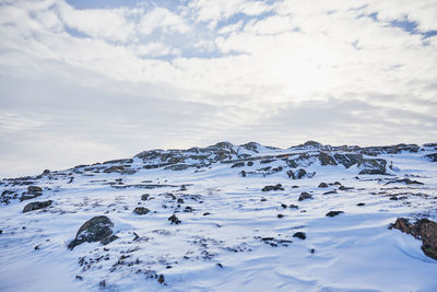 Scenic view of snowcapped mountains against sky