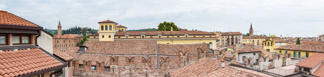 High angle view of buildings in town against sky