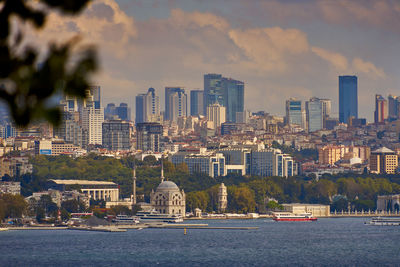  skyline of istanbul with a cloudy sky and a boat in the foreground