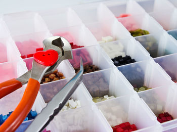 High angle view of multi colored candies in tray