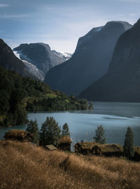 Scenic view of lake and mountains against sky