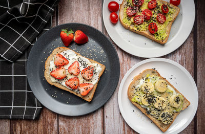 High angle view of breakfast served on table