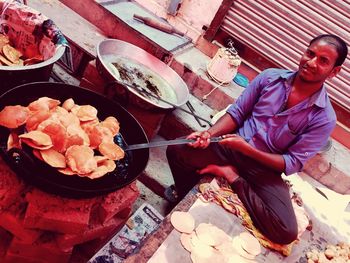 High angle view of person eating food