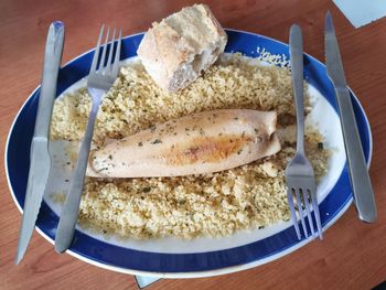 High angle view of breakfast on table