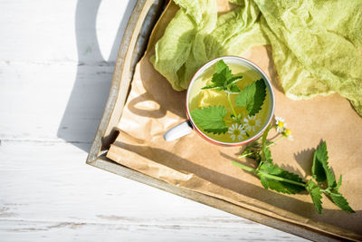 High angle view of drink on table