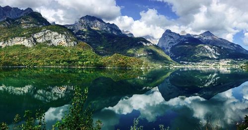 Scenic view of lake and mountains against sky