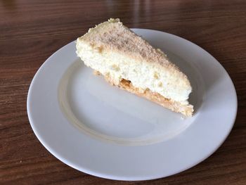 High angle view of cake in plate on table