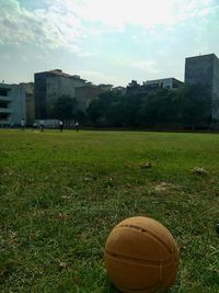 Scenic view of soccer field against sky