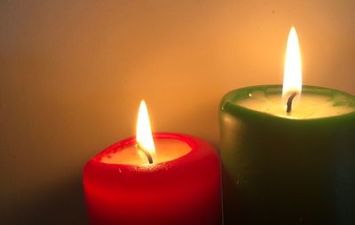 Close-up of lit candles against wall