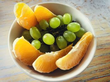 High angle view of fruits in plate on table