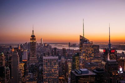 City skyline at sunset