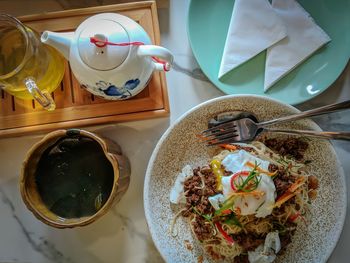 High angle view of food served on table