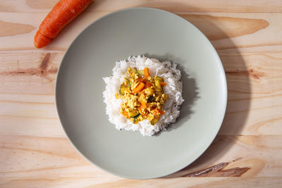 High angle view of food in plate on table