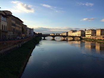 Bridge over river in city against sky