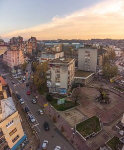 High angle view of buildings against sky during sunset