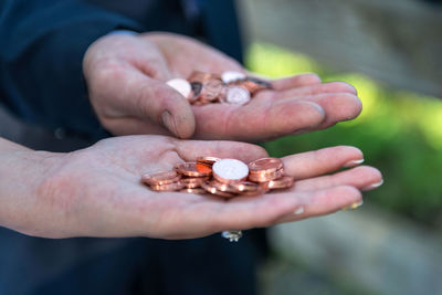 Close-up of hands holding coins